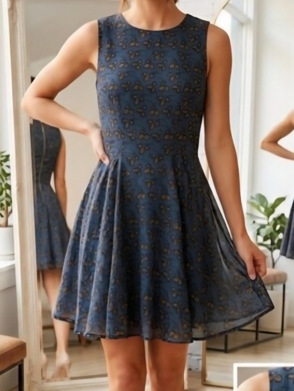 NWT Fit & Flare Mini Dress Maison Jules Blue Tan Chiffon look Floral Patern XS